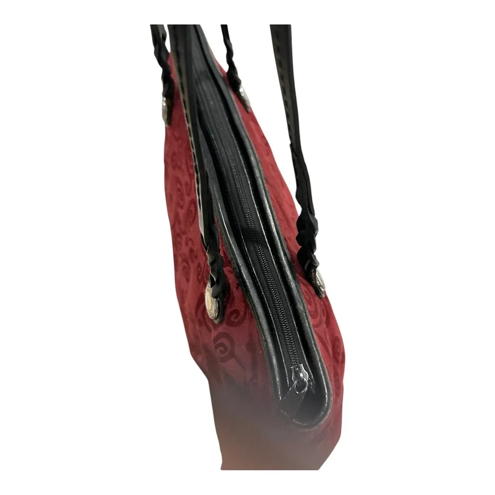 Brighton Red Jacquard Scroll Tote Bag Black Leather Trim Silver Buttons C798985